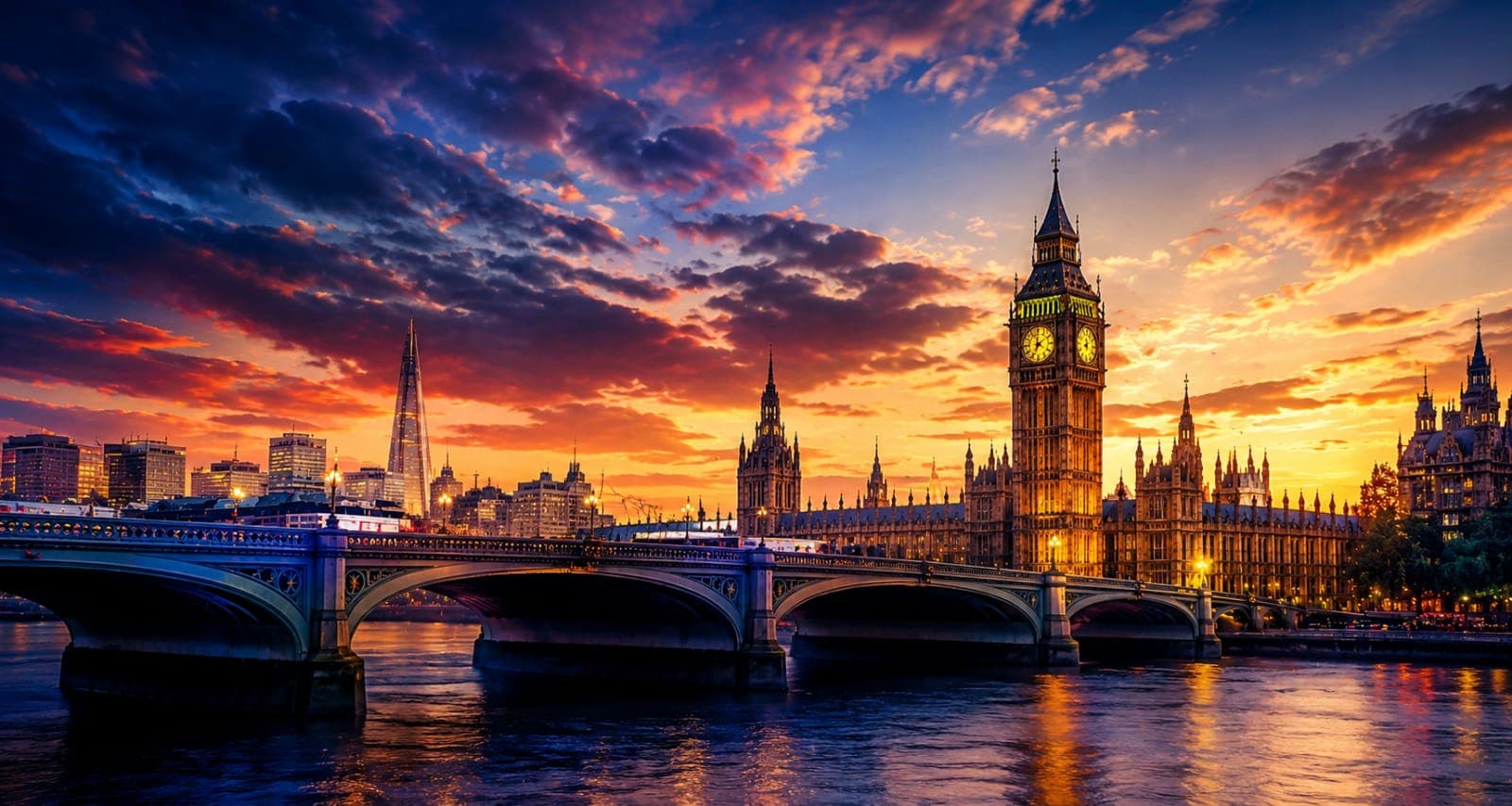 London Westminster Bridge and Big Ben at sunset